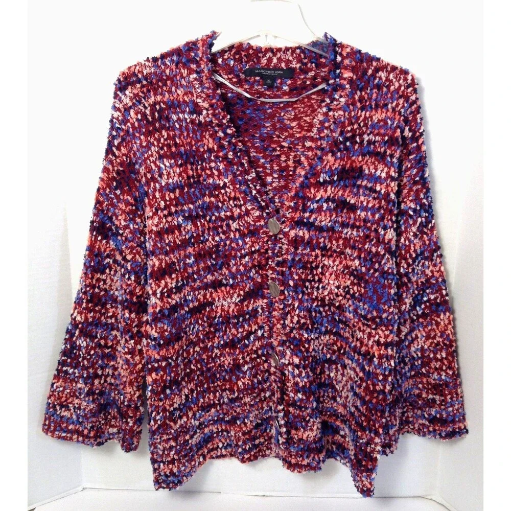 Marc New York Cardigan Sweater Wn M Burgundy Colorful Shag Artsy Oversized 70s